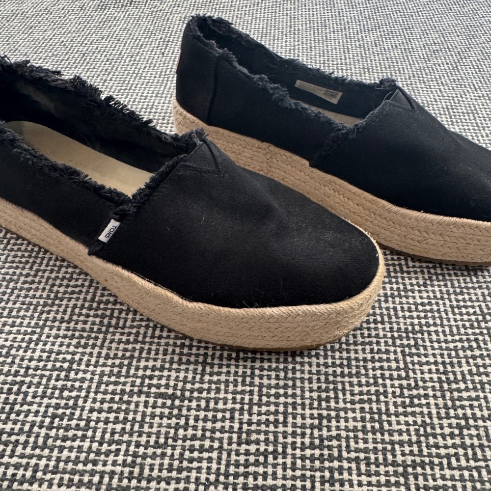 TOMS Alpargata Black Frayed Canvas Platform Espadrille Slip On Shoes Womens 9.5